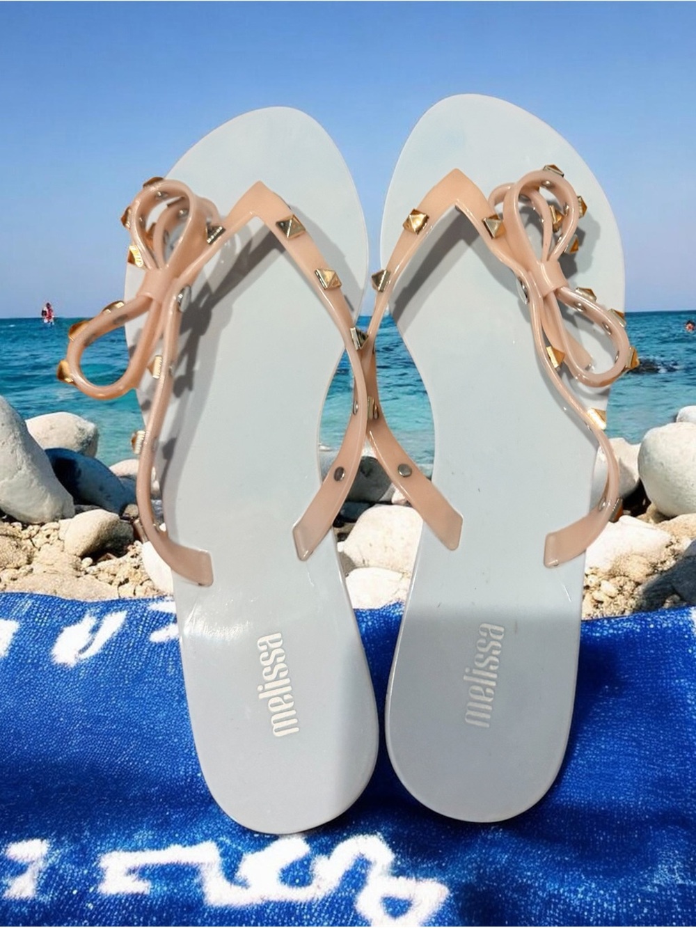 Melissa Women's Nude Bow Light Blue Jelly Flip Flops